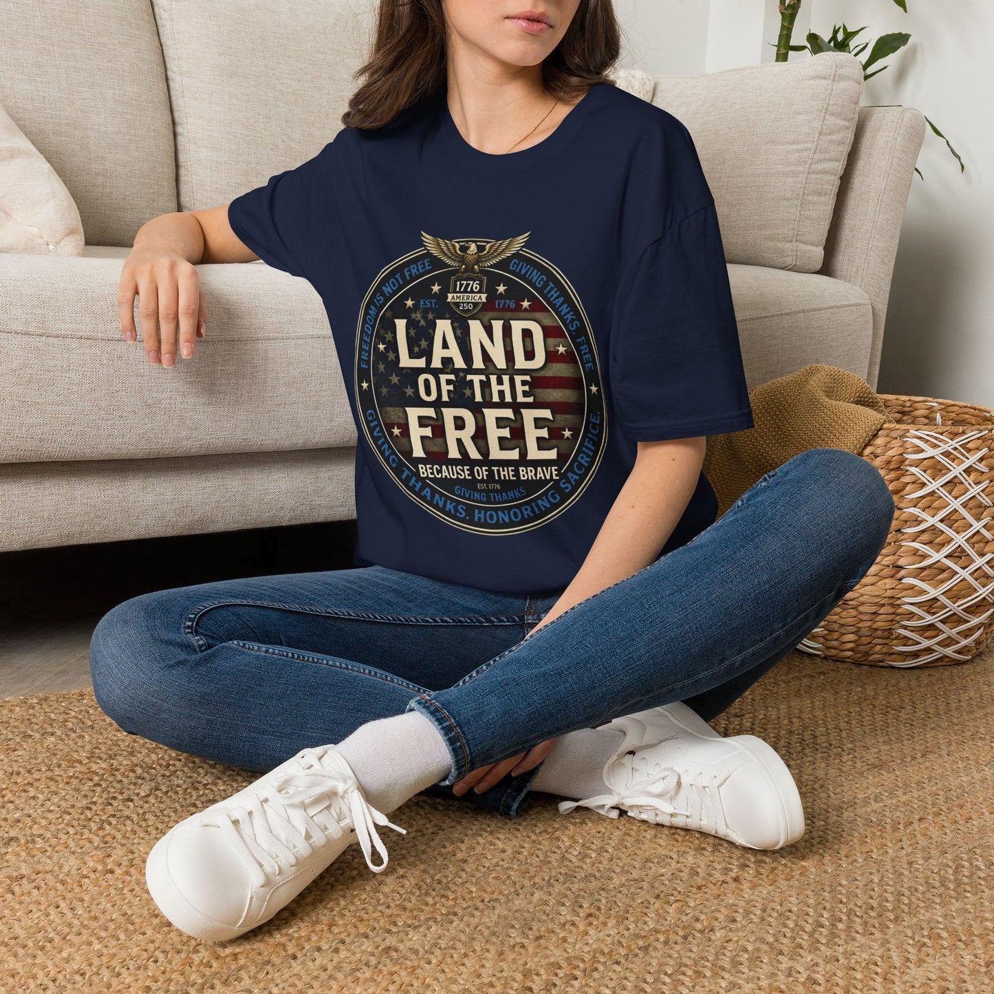 Land of the Free T-Shirt — Patriotic American Flag Emblem (Because of the Brave)
