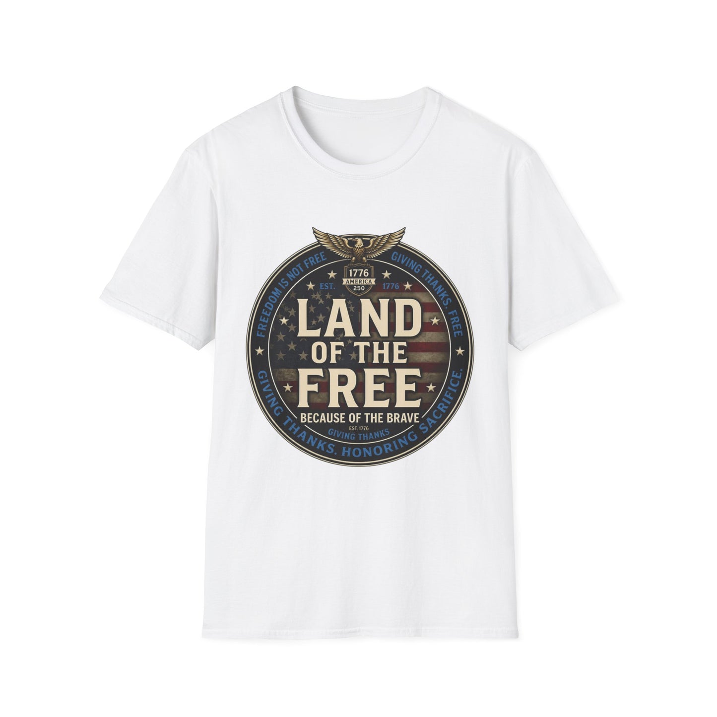 Land of the Free T-Shirt — Patriotic American Flag Emblem (Because of the Brave)
