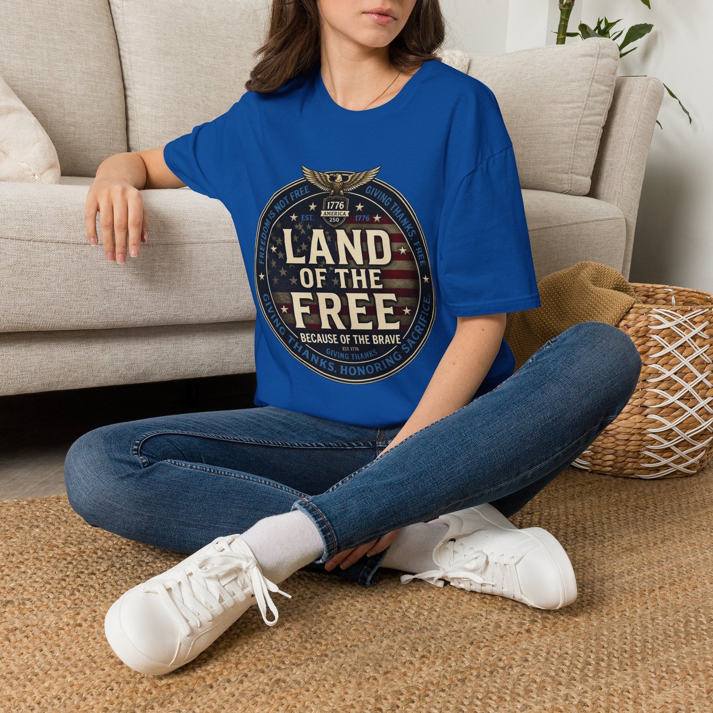 Land of the Free T-Shirt — Patriotic American Flag Emblem (Because of the Brave)