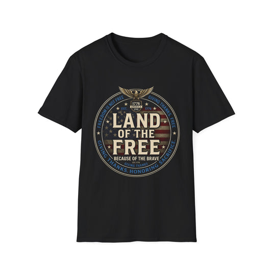 Land of the Free T-Shirt — Patriotic American Flag Emblem (Because of the Brave)