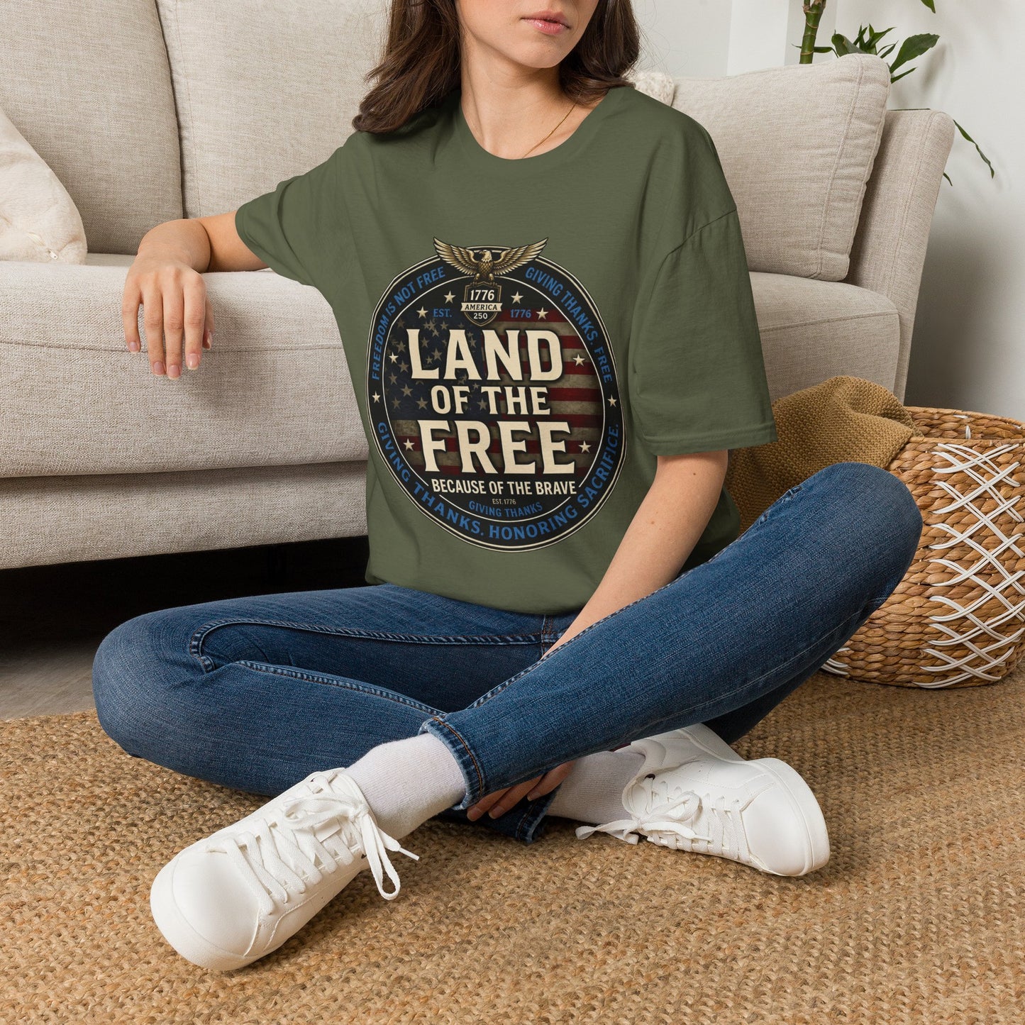 Land of the Free T-Shirt — Patriotic American Flag Emblem (Because of the Brave)