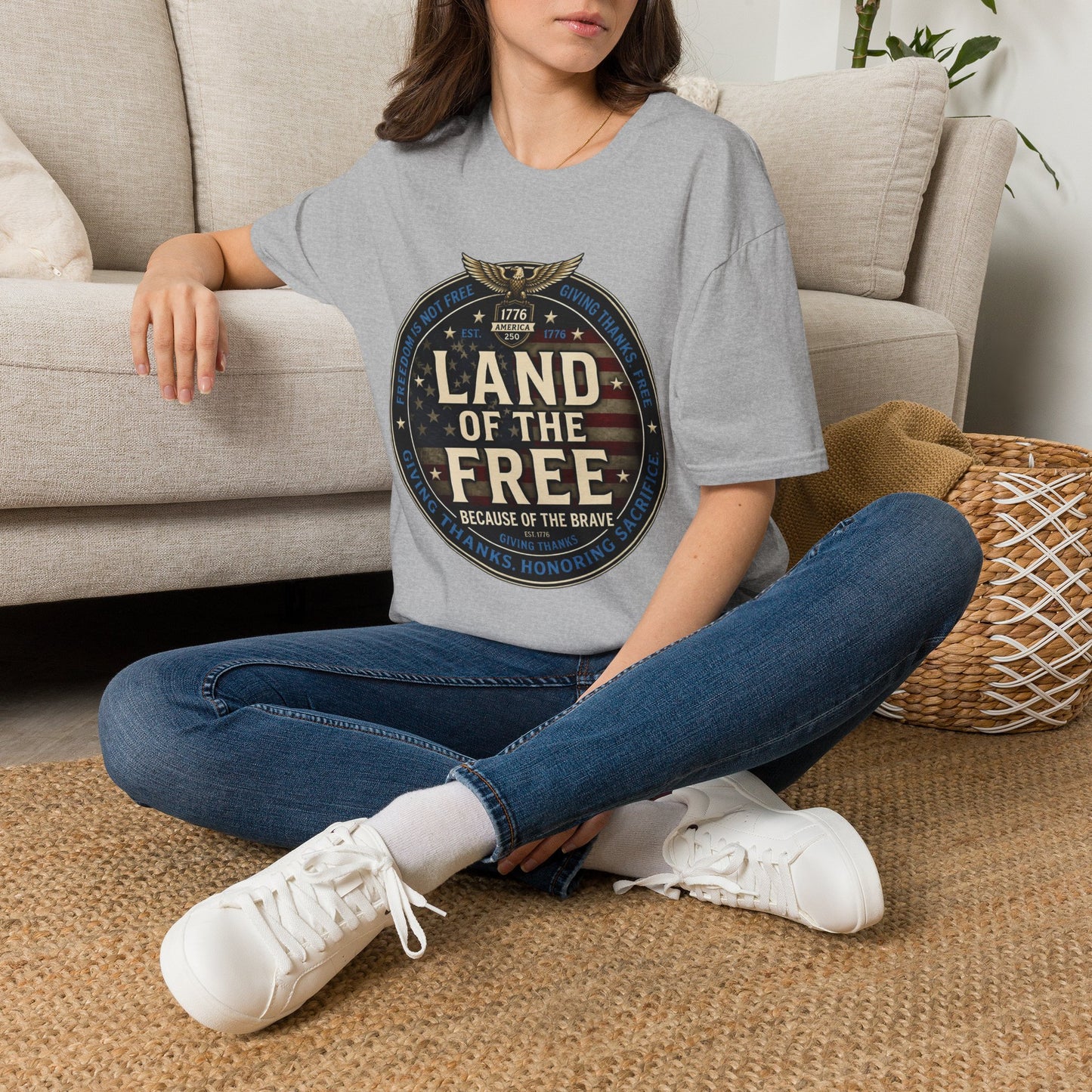Land of the Free T-Shirt — Patriotic American Flag Emblem (Because of the Brave)