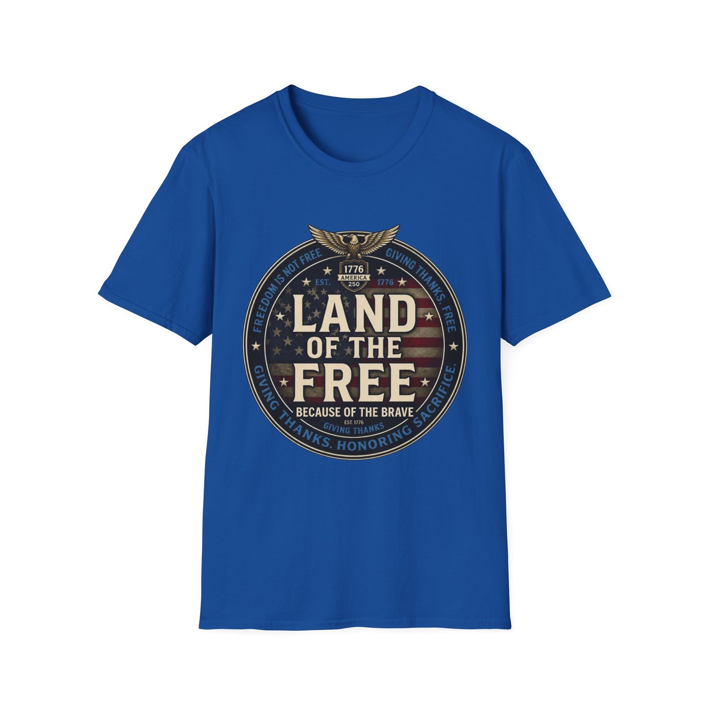 Land of the Free T-Shirt — Patriotic American Flag Emblem (Because of the Brave)