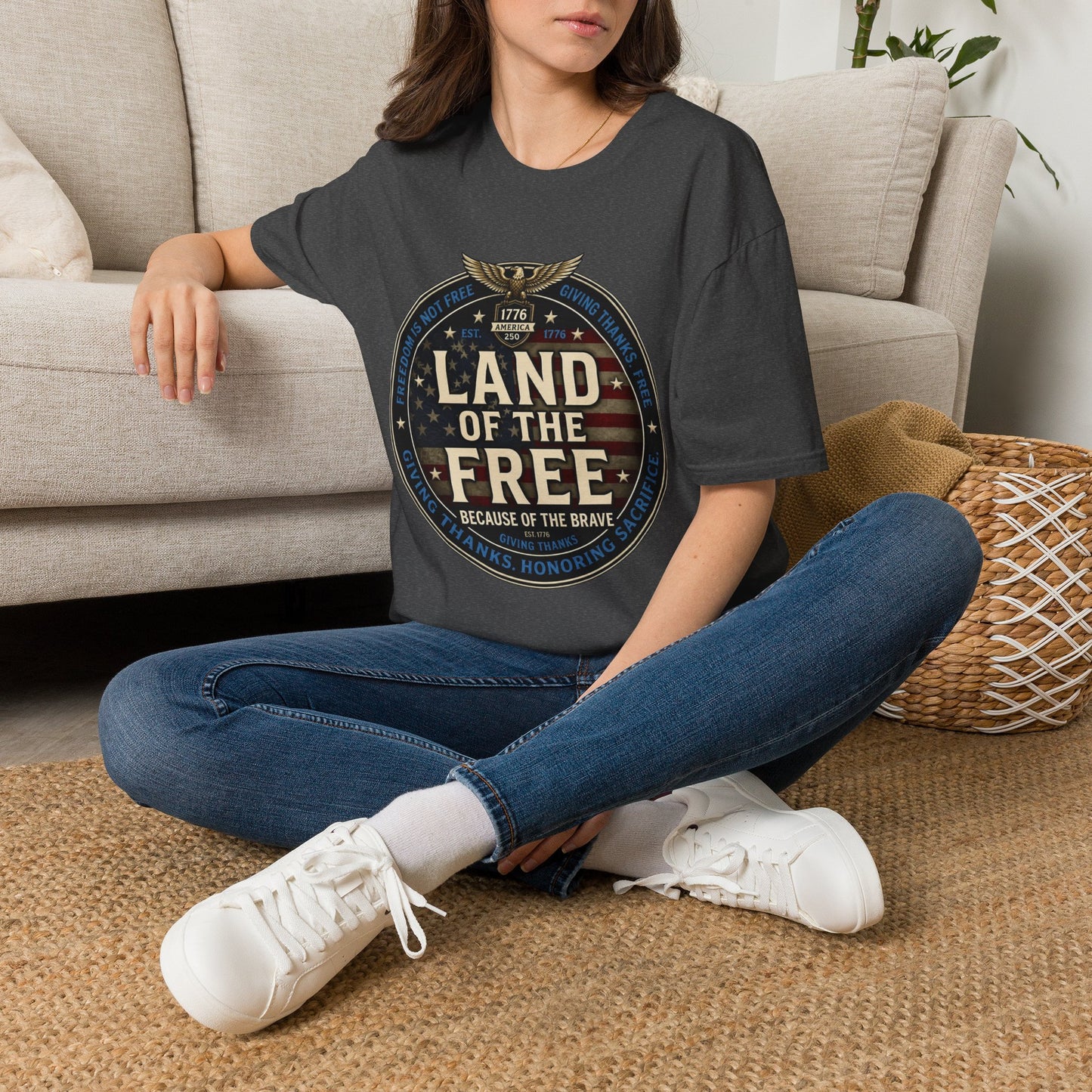 Land of the Free T-Shirt — Patriotic American Flag Emblem (Because of the Brave)
