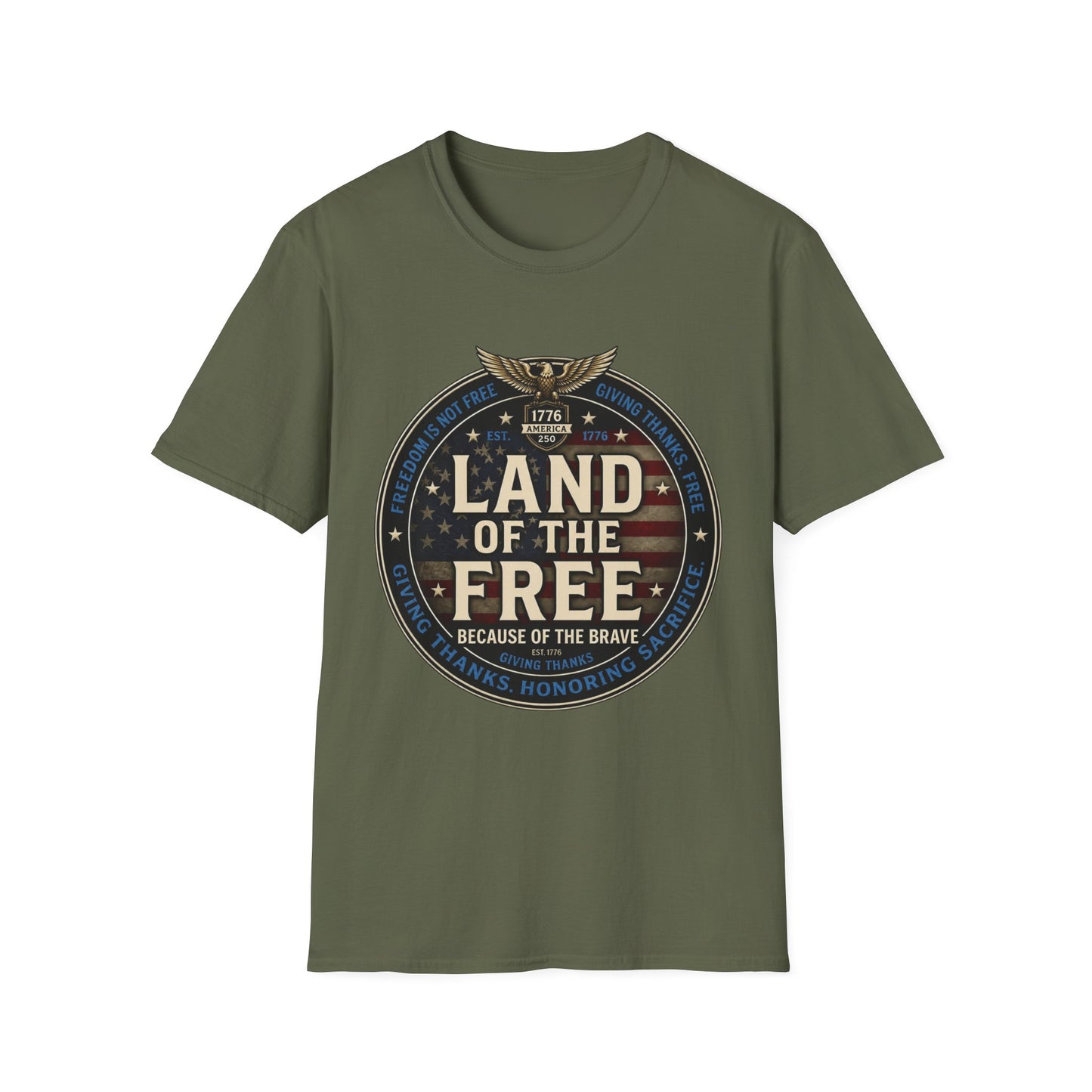 Land of the Free T-Shirt — Patriotic American Flag Emblem (Because of the Brave)