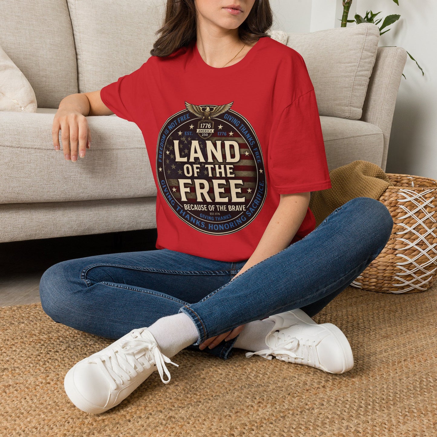 Land of the Free T-Shirt — Patriotic American Flag Emblem (Because of the Brave)