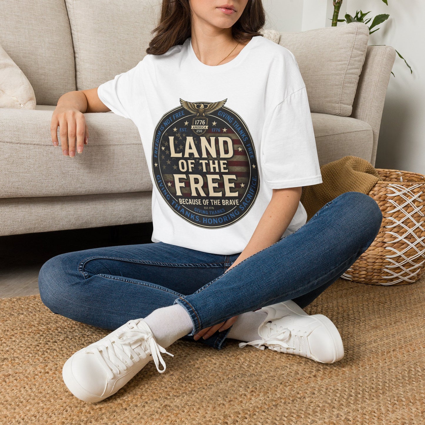 Land of the Free T-Shirt — Patriotic American Flag Emblem (Because of the Brave)